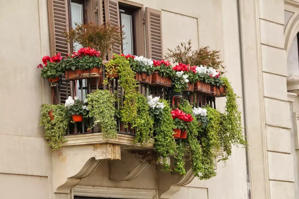 Mały balkon pełen kwiatów