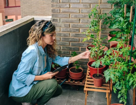 Kobieta sprawdzająca rośliny na balkonie
